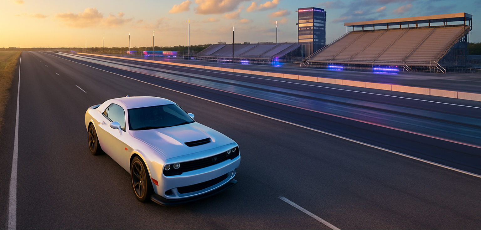 Pearl white Dodge Challenger Hellcat with brighter than dusk sky